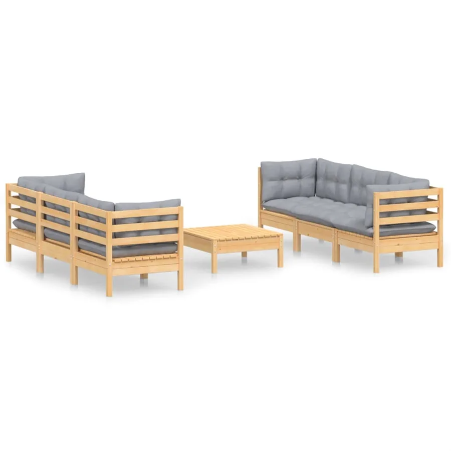Salon de jardin 7 pcs avec coussins gris bois de pin - 2