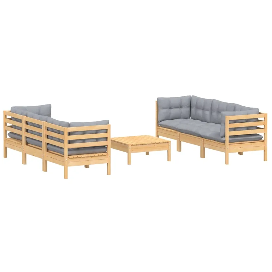 Salon de jardin 7 pcs avec coussins gris bois de pin - 3