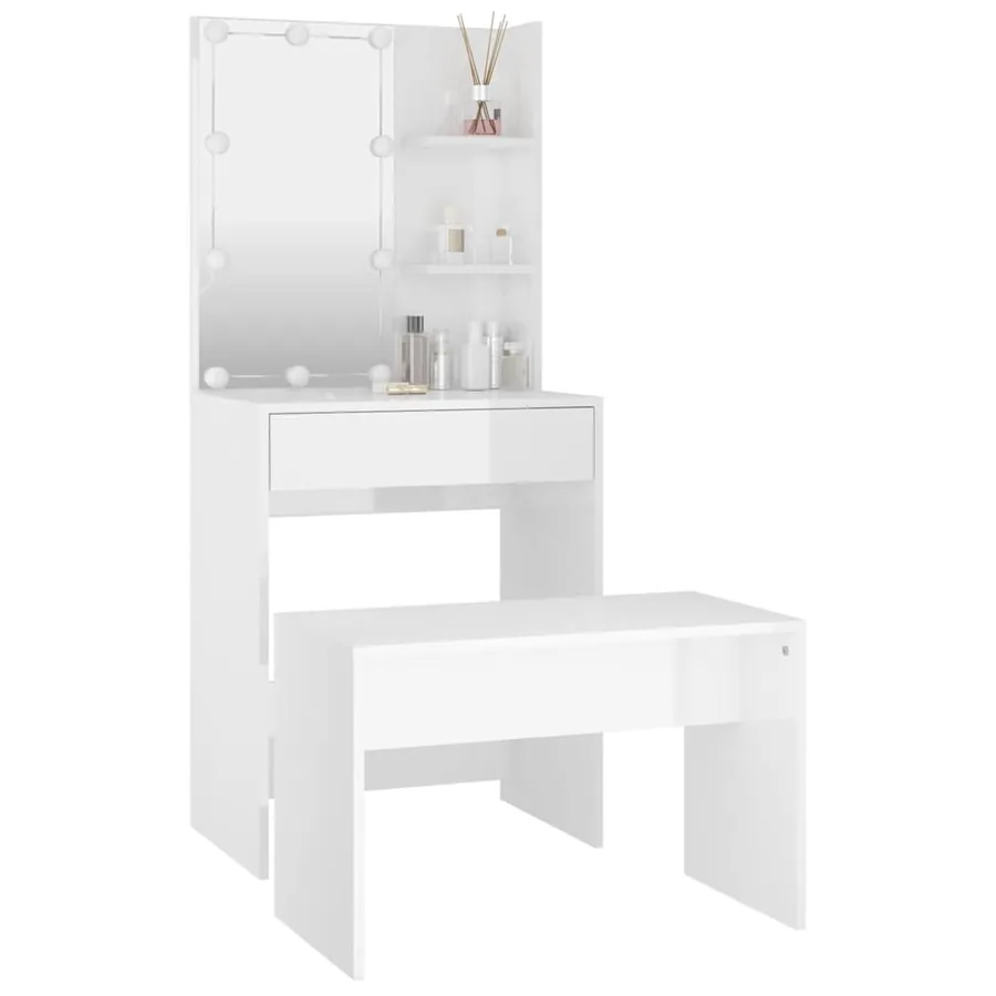 Ensemble de coiffeuse avec LED Blanc brillant Bois d'ingénierie - 12