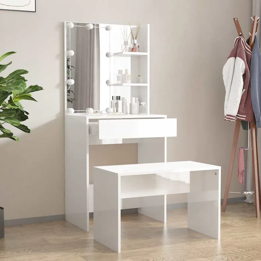 Ensemble de coiffeuse avec LED Blanc brillant Bois d'ingénierie - 3