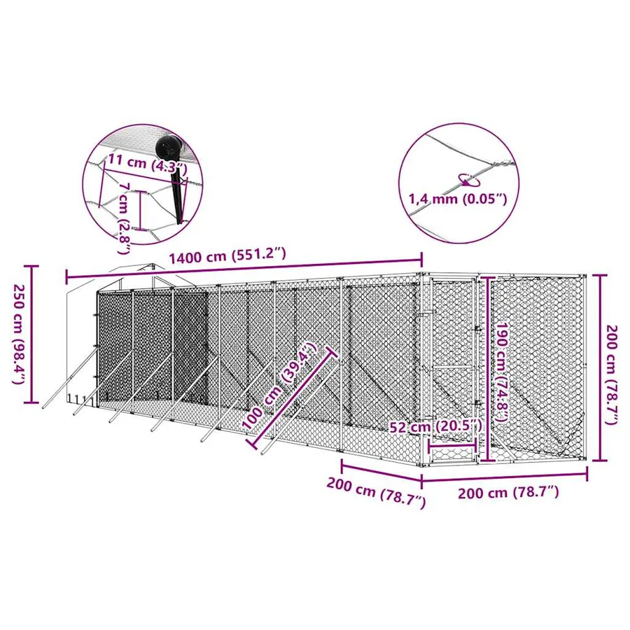 Chenil d'extérieur pour chiens avec toit argenté 2x14x2,5 m - 9