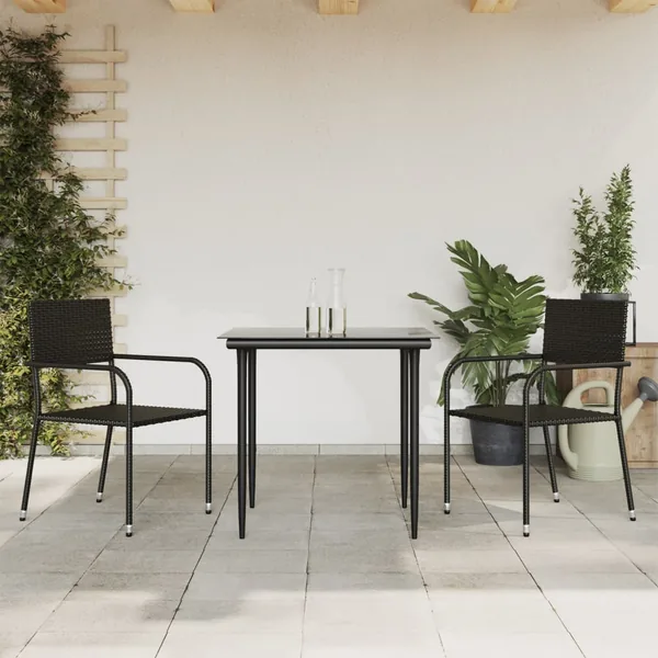 Ensemble à manger de jardin 3 pcs noir résine tressée et acier