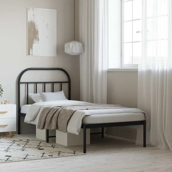 Cadre de lit métal sans matelas avec tête de lit noir 90x200 cm