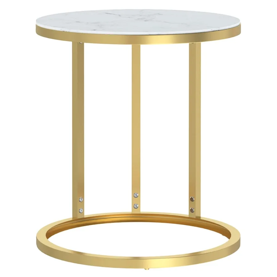 Table d'appoint Doré et marbre blanc 45 cm Verre trempé - 2