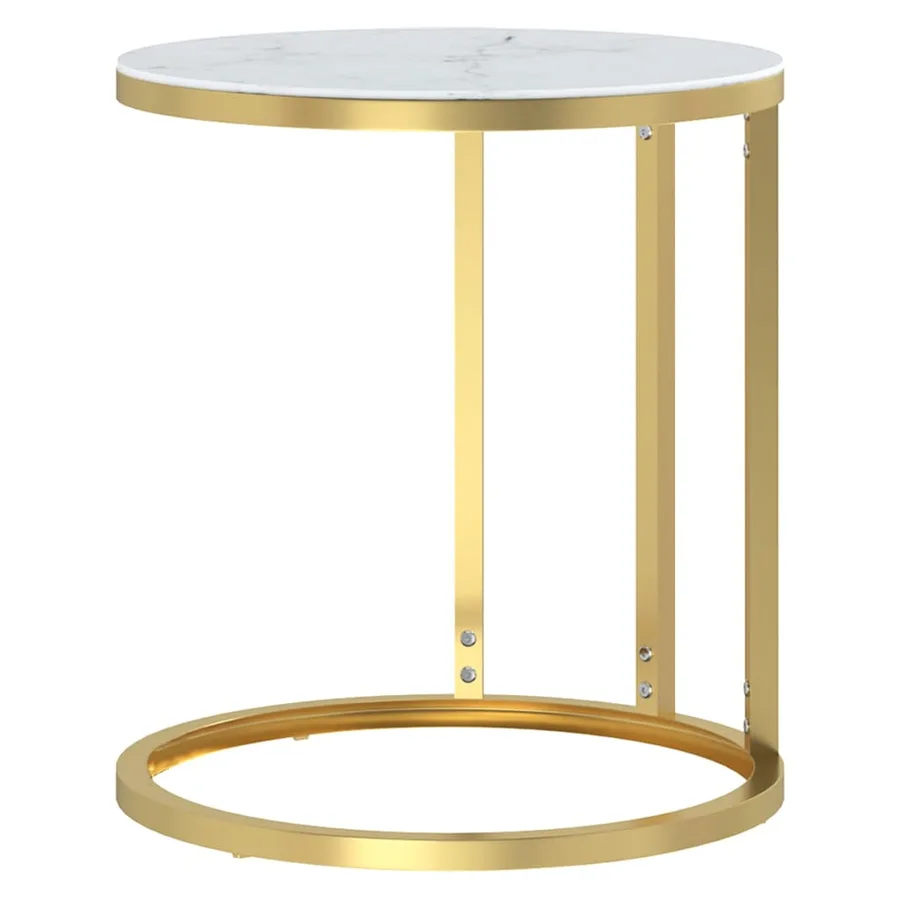 Table d'appoint Doré et marbre blanc 45 cm Verre trempé - 3