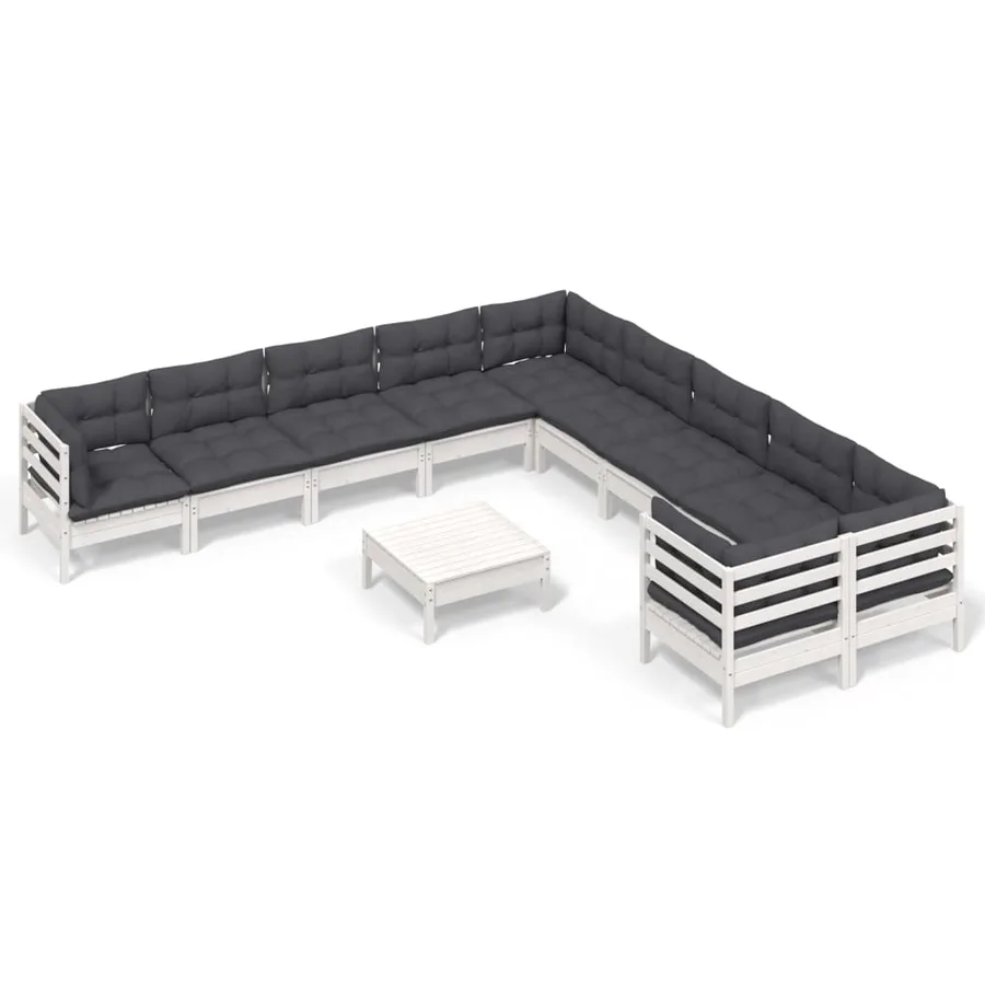 Salon de jardin 11 pcs avec coussins blanc bois de pin - 2