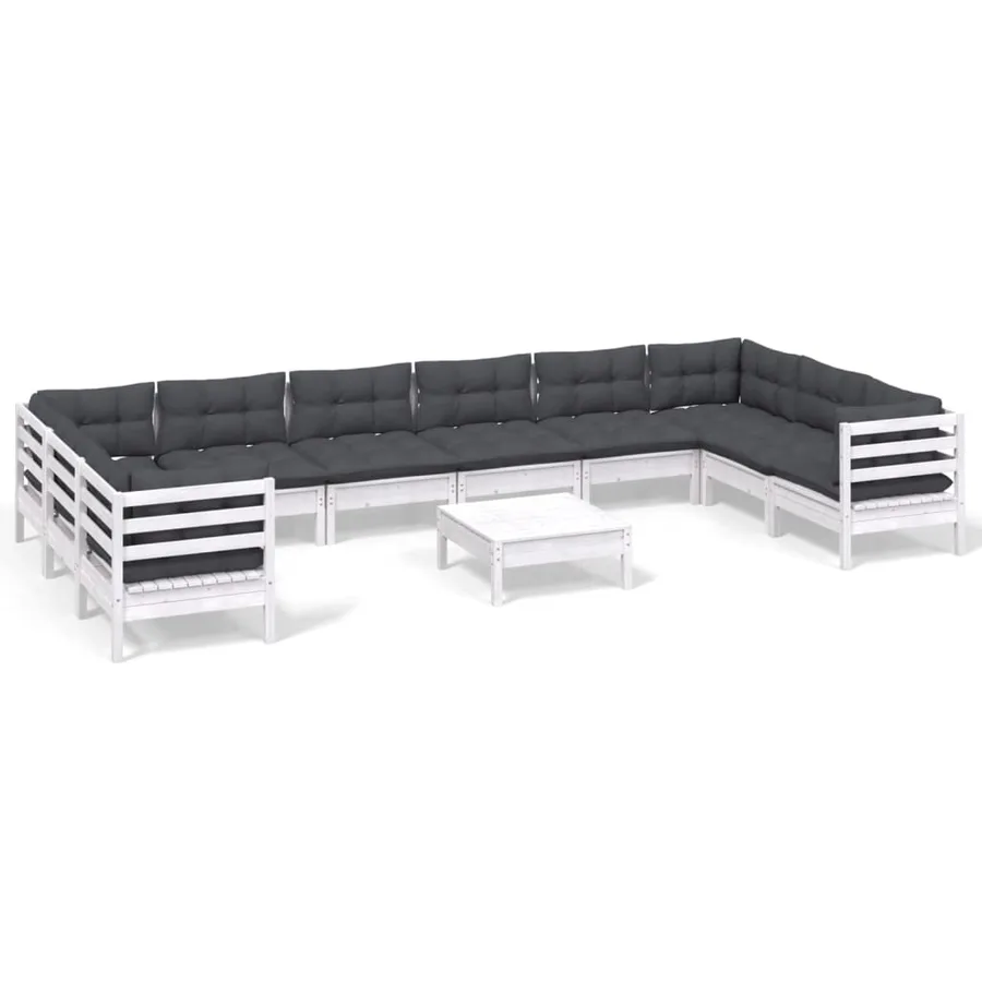 Salon de jardin 11 pcs avec coussins blanc bois de pin - 2