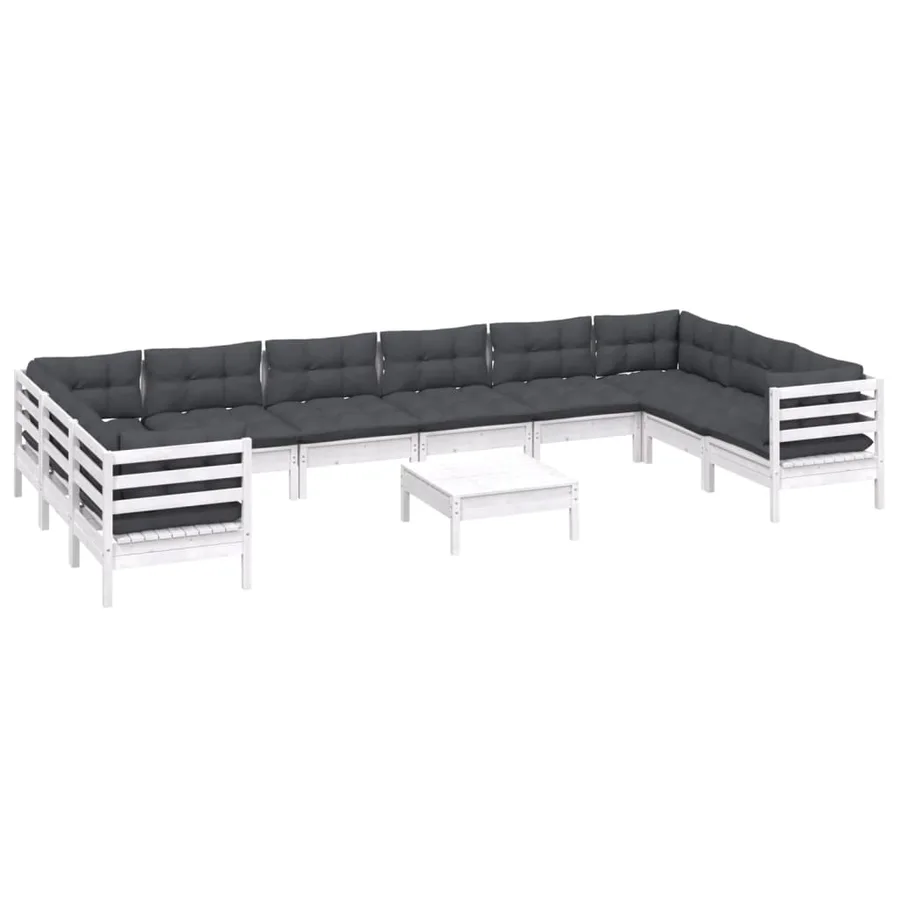 Salon de jardin 11 pcs avec coussins blanc bois de pin - 3