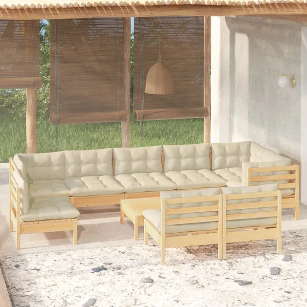 Salon de jardin 10 pcs avec coussins crème bois de pin massif