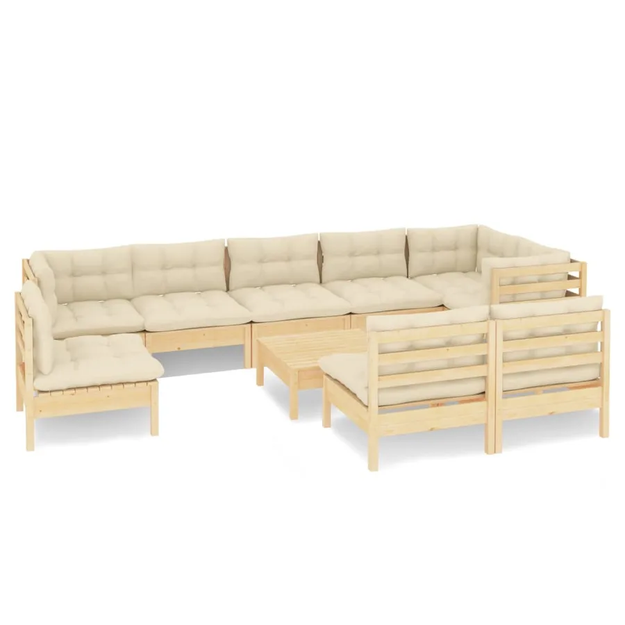 Salon de jardin 10 pcs avec coussins crème bois de pin massif - 2