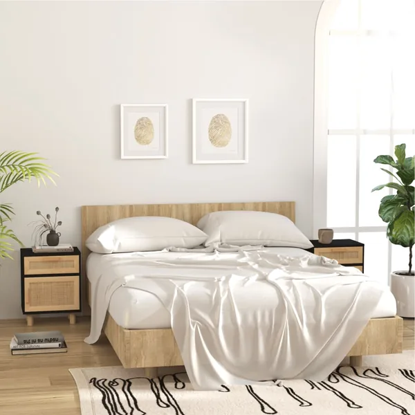 Tables de chevet 2 pcs Noir Bois de pin massif et rotin naturel
