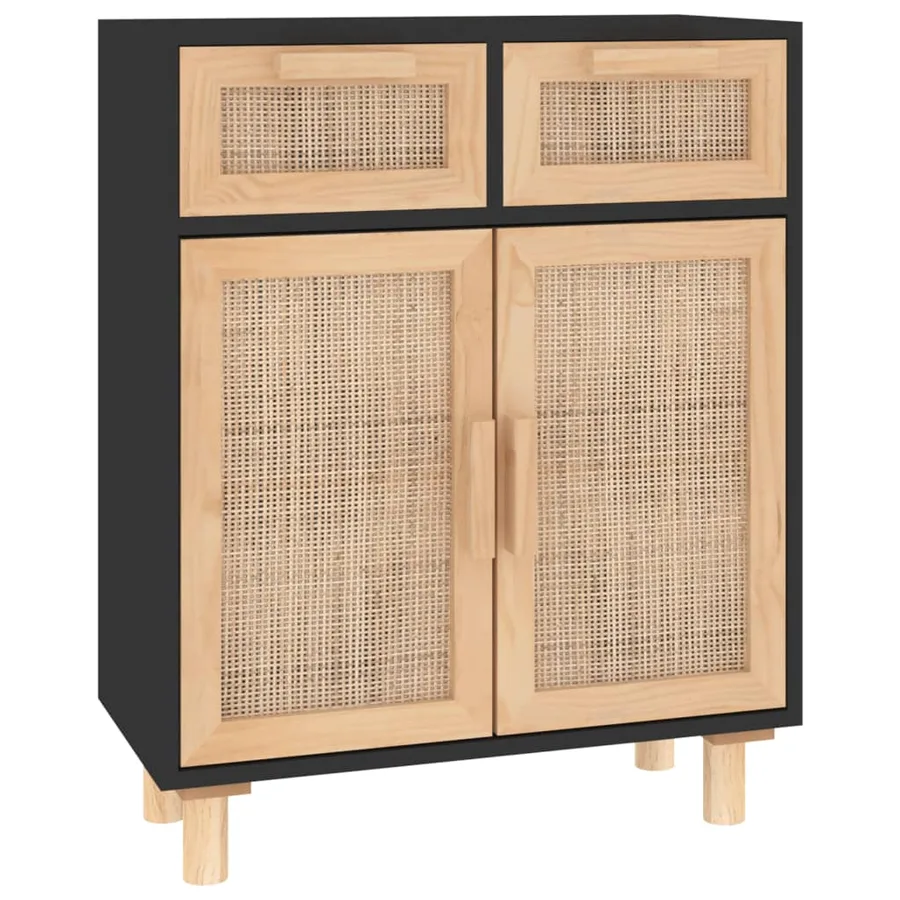 Buffet Noir 60x30x75 cm Bois de pin massif et rotin naturel - 2