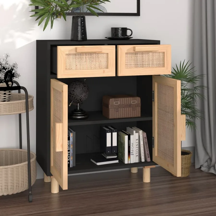 Buffet Noir 60x30x75 cm Bois de pin massif et rotin naturel - 3