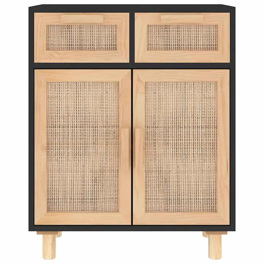 Buffet Noir 60x30x75 cm Bois de pin massif et rotin naturel - 4