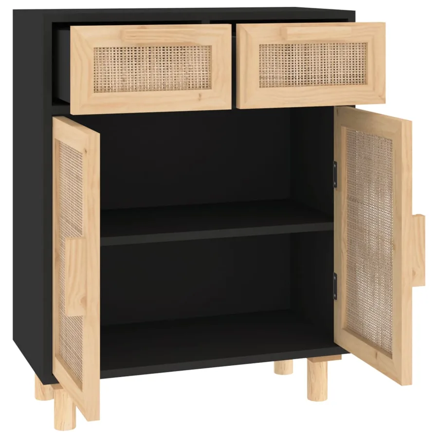 Buffet Noir 60x30x75 cm Bois de pin massif et rotin naturel - 5