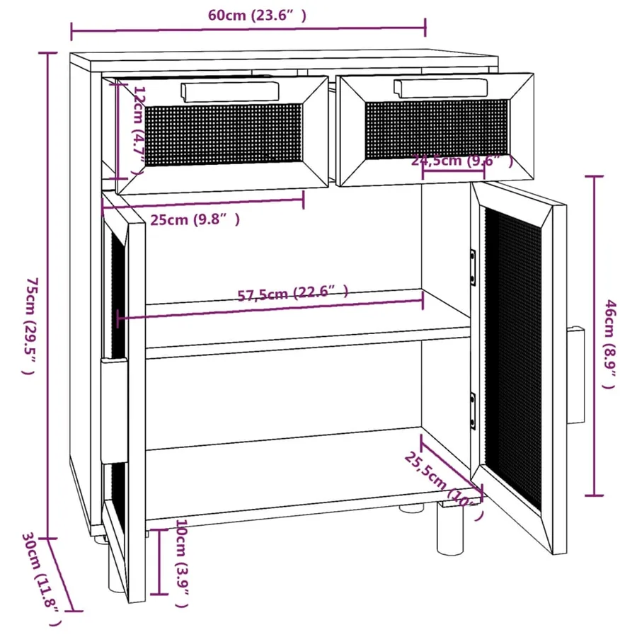 Buffet Noir 60x30x75 cm Bois de pin massif et rotin naturel - 8