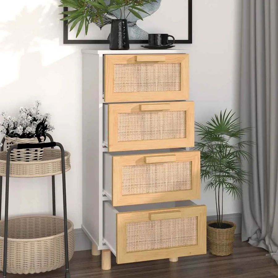 Buffet Blanc 40x30x90 cm Bois de pin massif et rotin naturel - 3