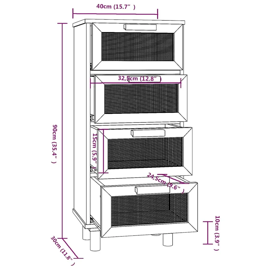 Buffet Blanc 40x30x90 cm Bois de pin massif et rotin naturel - 8