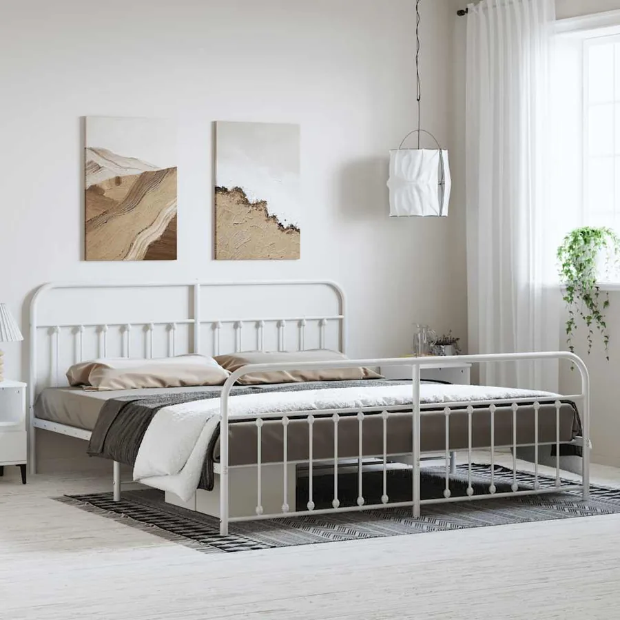 Cadre de lit métal sans matelas et pied de lit blanc 183x213 cm