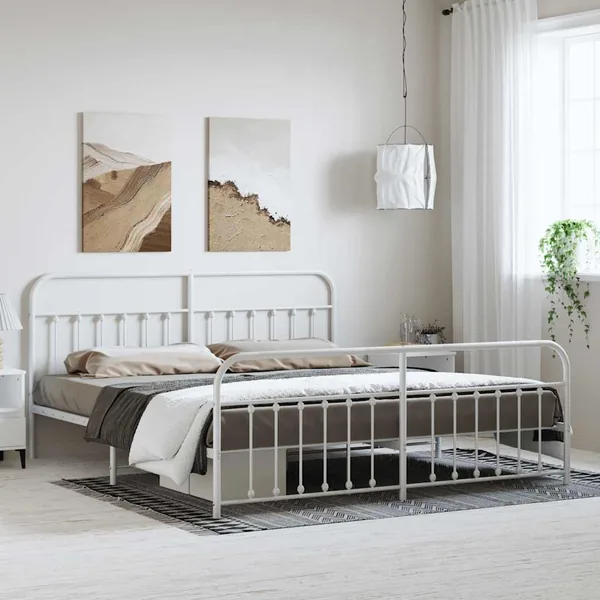 Cadre de lit métal sans matelas et pied de lit blanc 183x213 cm