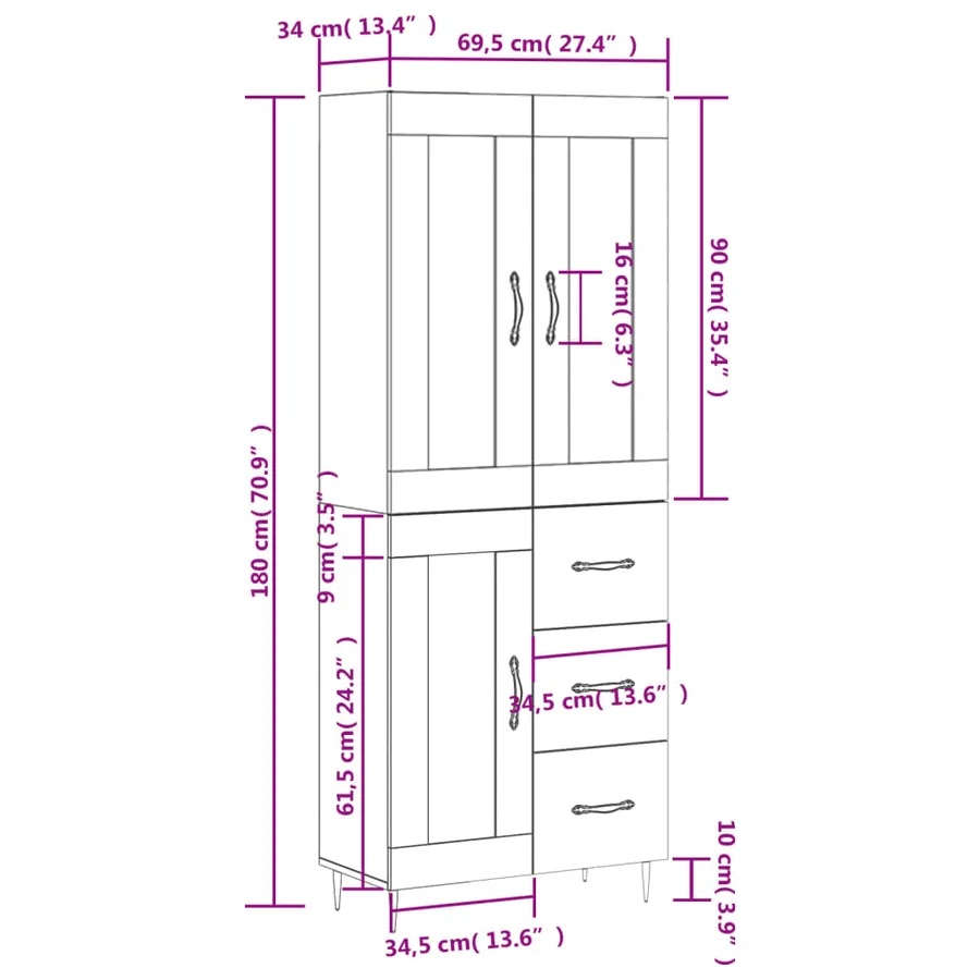 Buffet haut Blanc 69,5x34x180 cm Bois d'ingénierie - 14