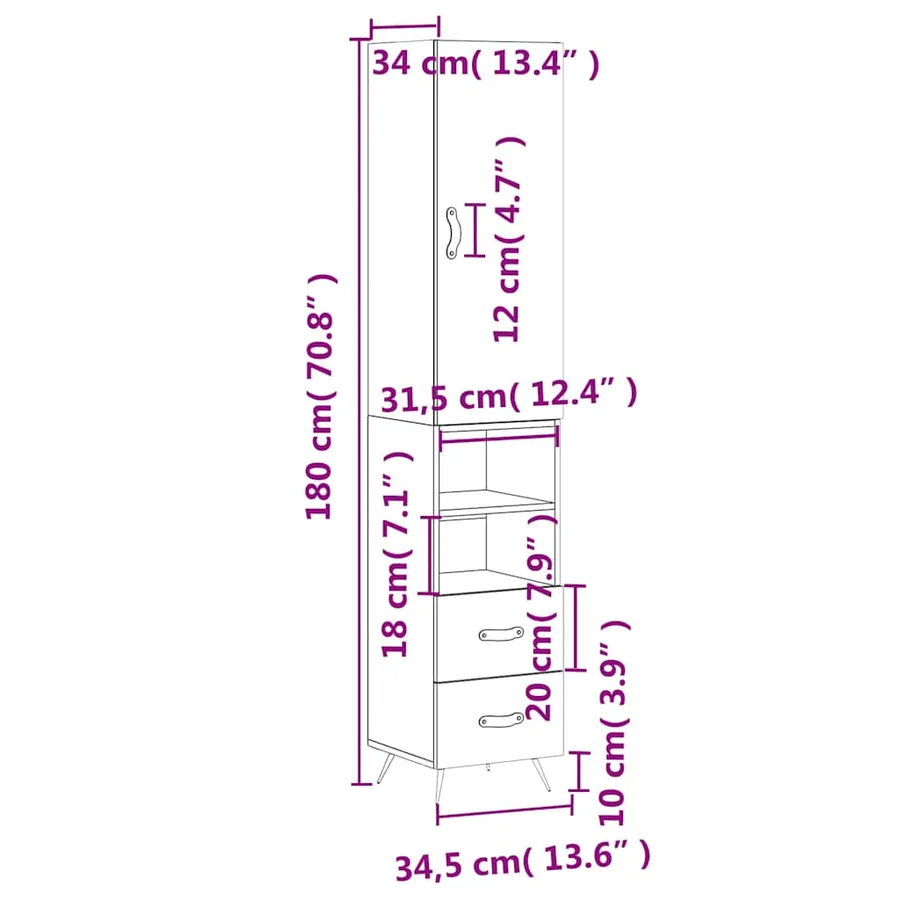 Buffet haut Blanc brillant 34,5x34x180 cm Bois d'ingénierie - 14