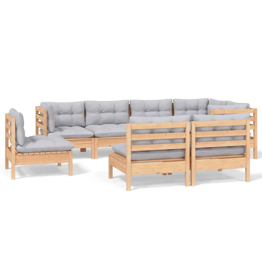 Salon de jardin 8 pcs avec coussins gris Bois de pin massif - 2