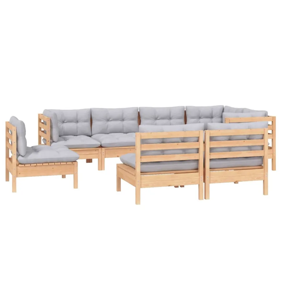 Salon de jardin 8 pcs avec coussins gris Bois de pin massif - 3