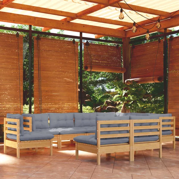 Salon de jardin 9 pcs avec coussins gris bois de pin massif