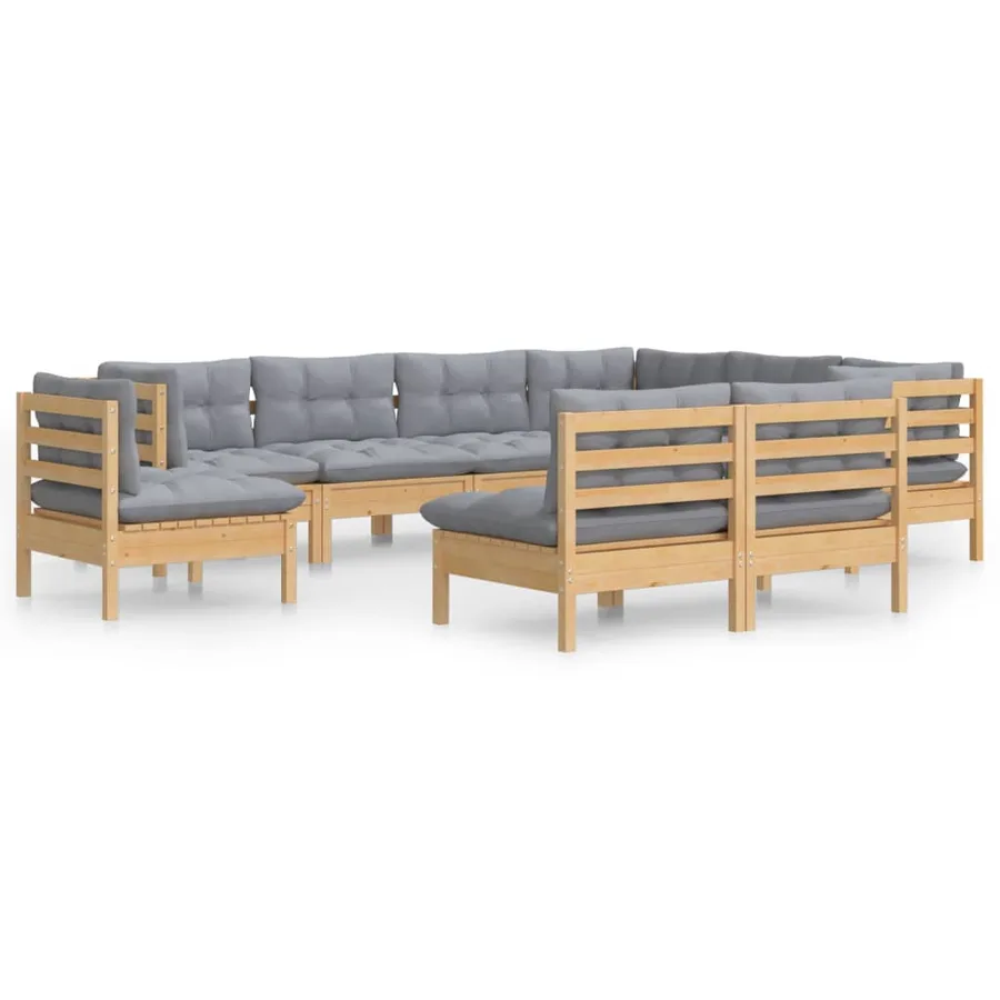 Salon de jardin 9 pcs avec coussins gris bois de pin massif - 2
