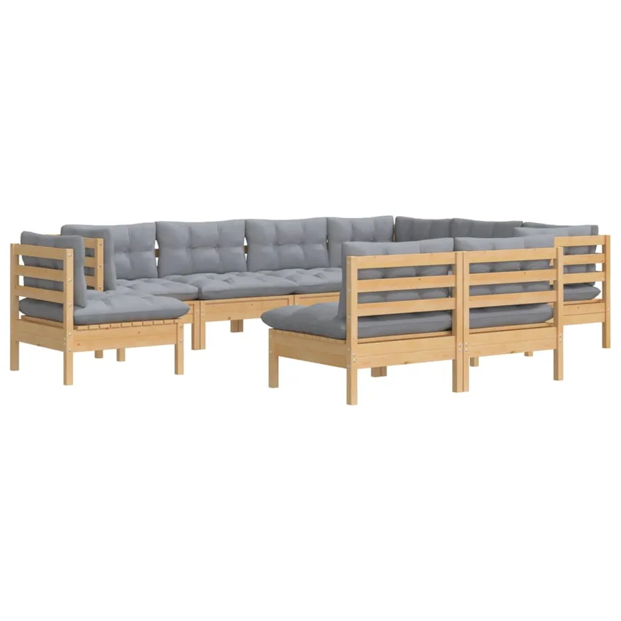 Salon de jardin 9 pcs avec coussins gris bois de pin massif - 3
