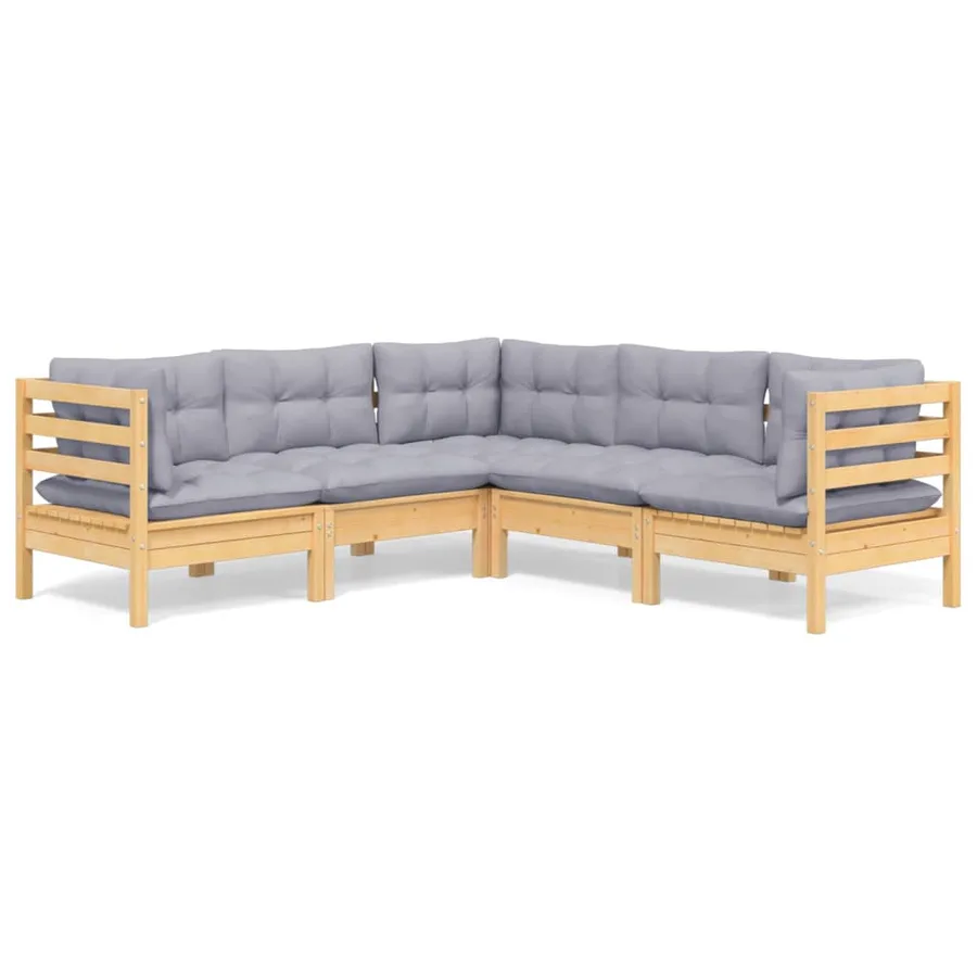 Salon de jardin 5 pcs avec coussins gris bois de pin massif - 2