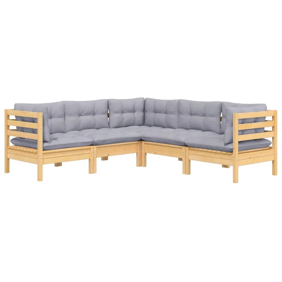 Salon de jardin 5 pcs avec coussins gris bois de pin massif - 3