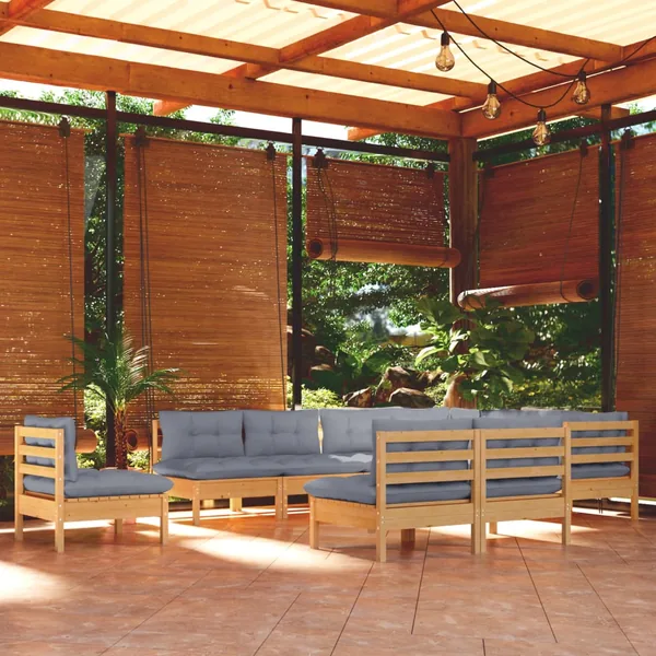 Salon de jardin 10 pcs avec coussins gris bois de pin massif