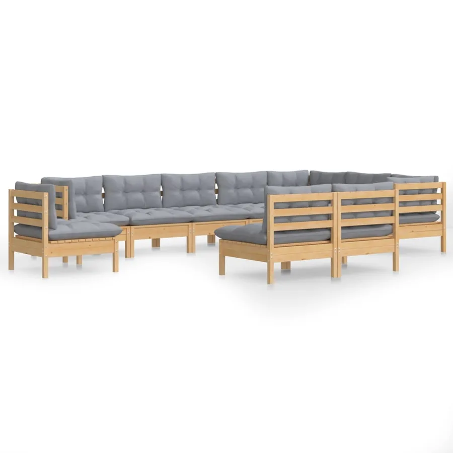Salon de jardin 10 pcs avec coussins gris bois de pin massif - 2