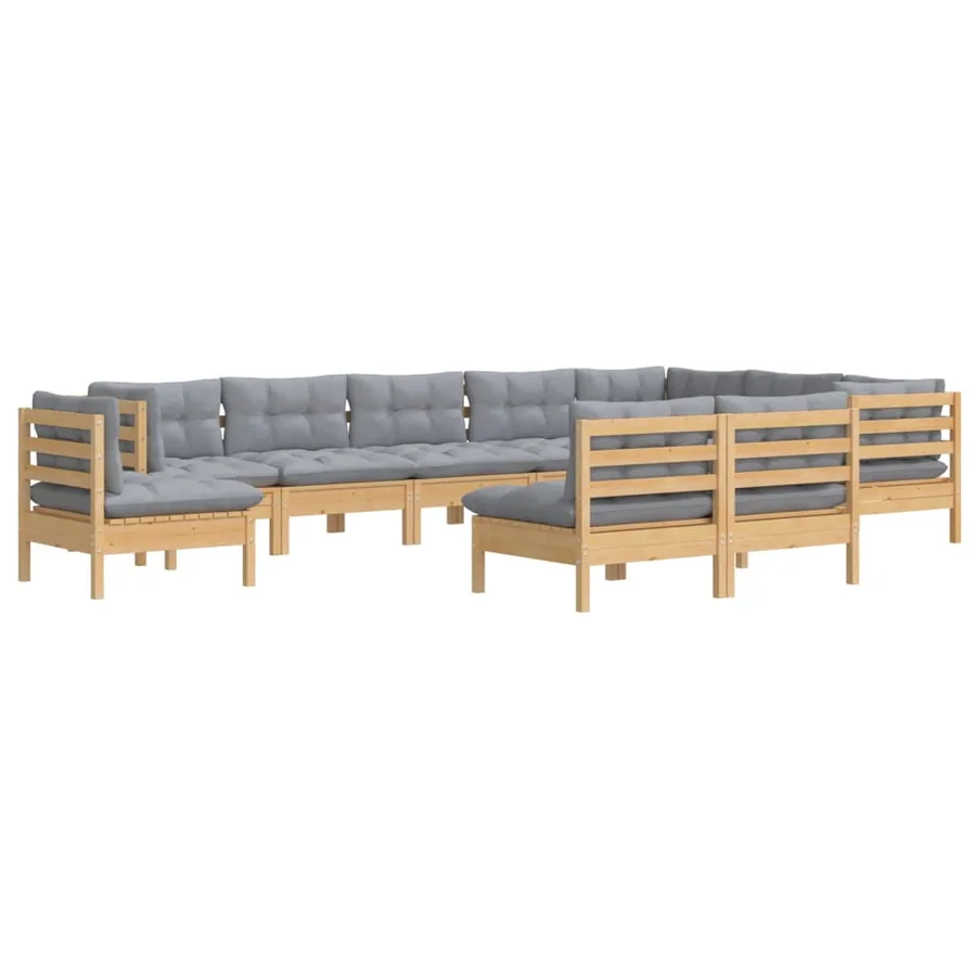 Salon de jardin 10 pcs avec coussins gris bois de pin massif - 3