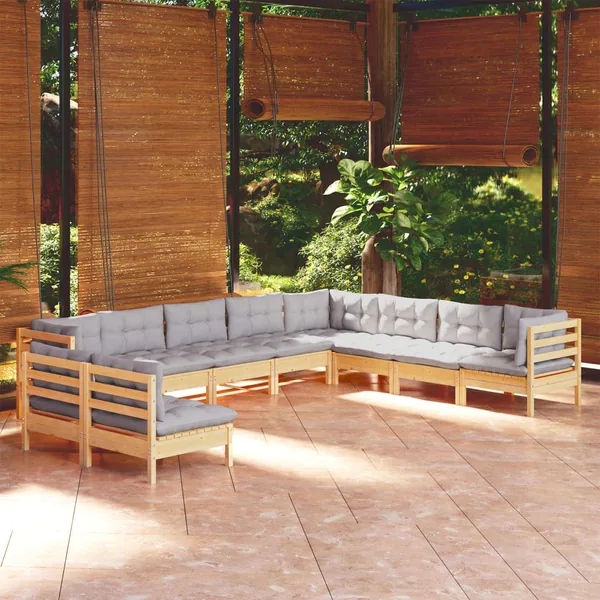 Salon de jardin 10 pcs avec coussins gris bois de pin massif