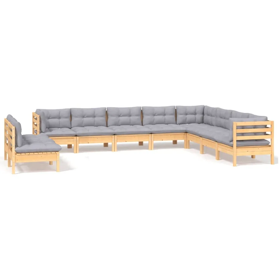 Salon de jardin 10 pcs avec coussins gris bois de pin massif - 2