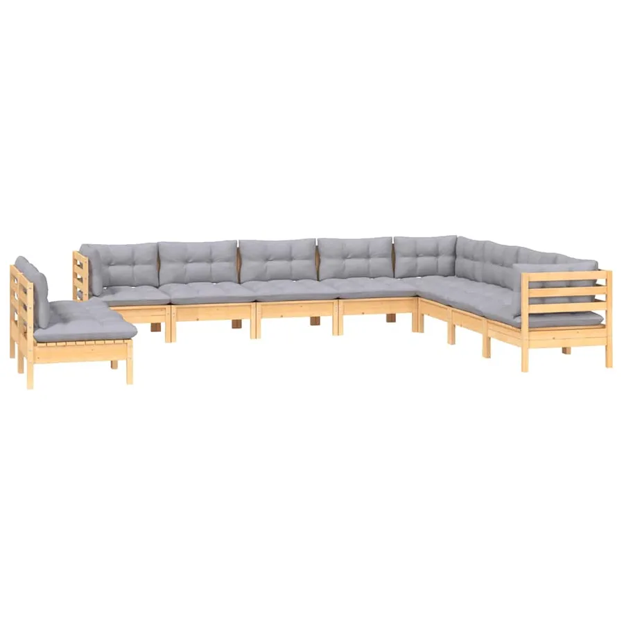 Salon de jardin 10 pcs avec coussins gris bois de pin massif - 3