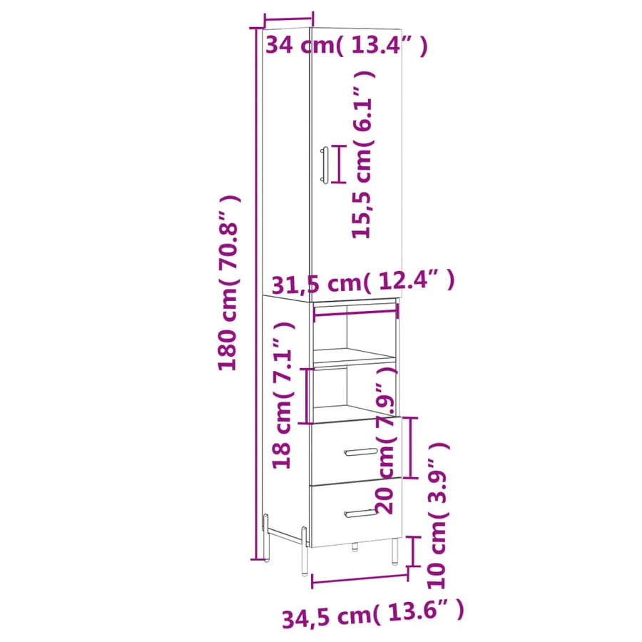 Buffet haut Blanc 34,5x34x180 cm Bois d'ingénierie - 14