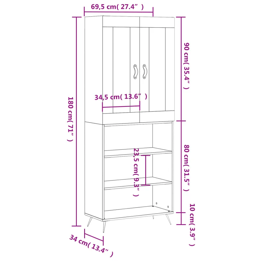 Buffet haut Blanc brillant 69,5x34x180 cm Bois d'ingénierie - 13