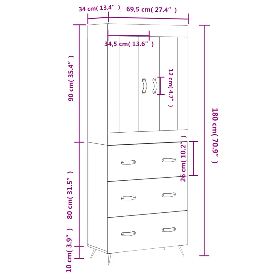 Buffet haut Sonoma gris 69,5x34x180 cm Bois d'ingénierie - 14