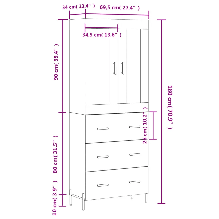 Buffet haut Gris béton 69,5x34x180 cm Bois d'ingénierie - 14