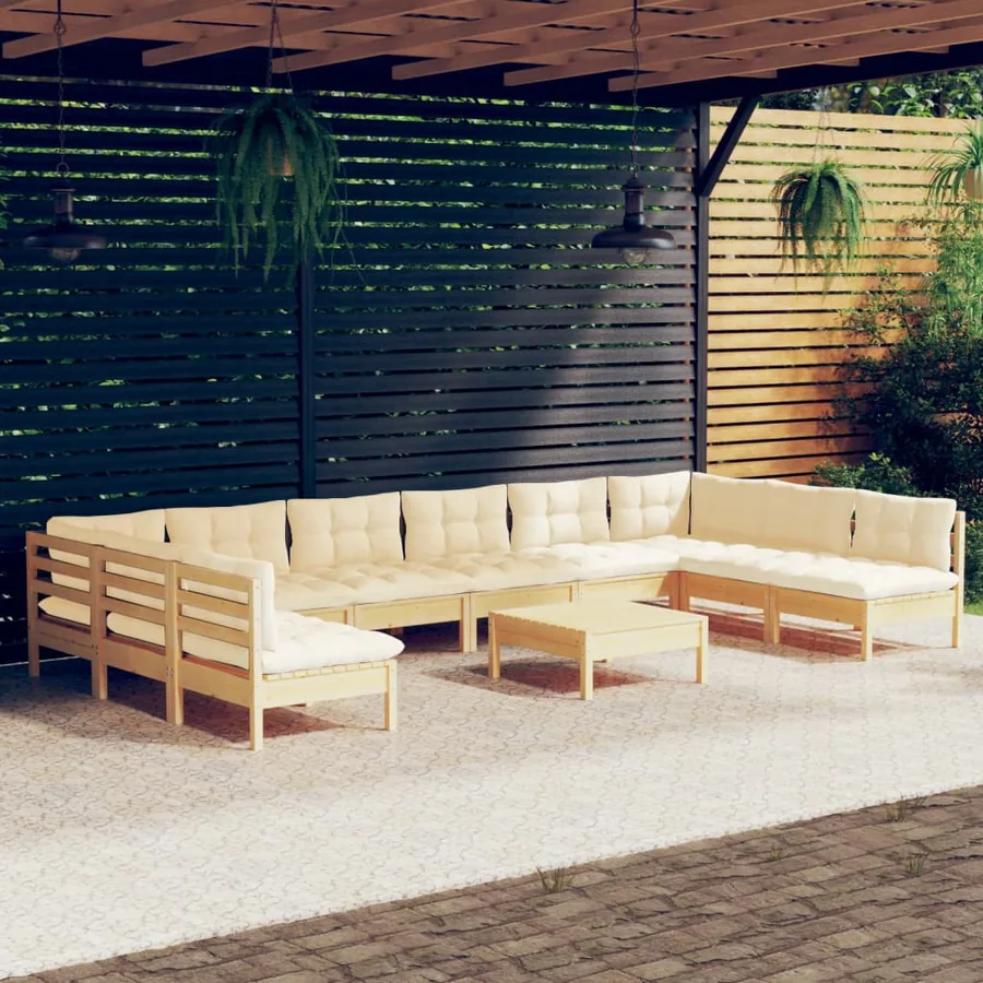 Salon de jardin 11 pcs avec coussins crème Bois de pin solide