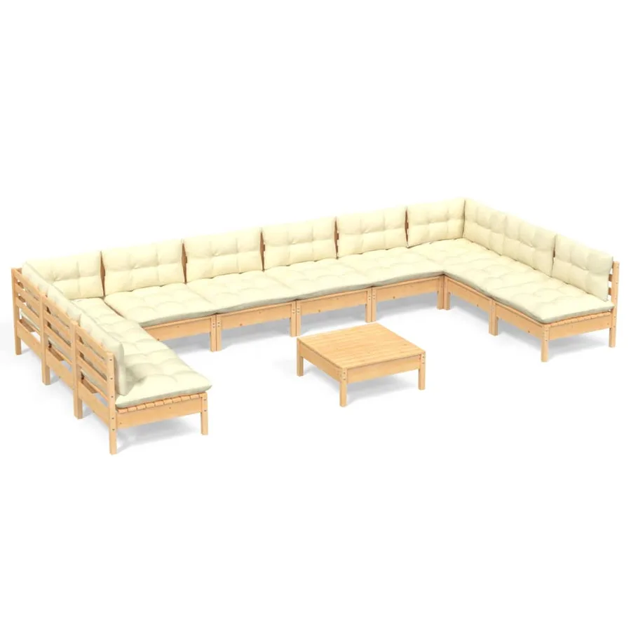 Salon de jardin 11 pcs avec coussins crème Bois de pin solide - 2