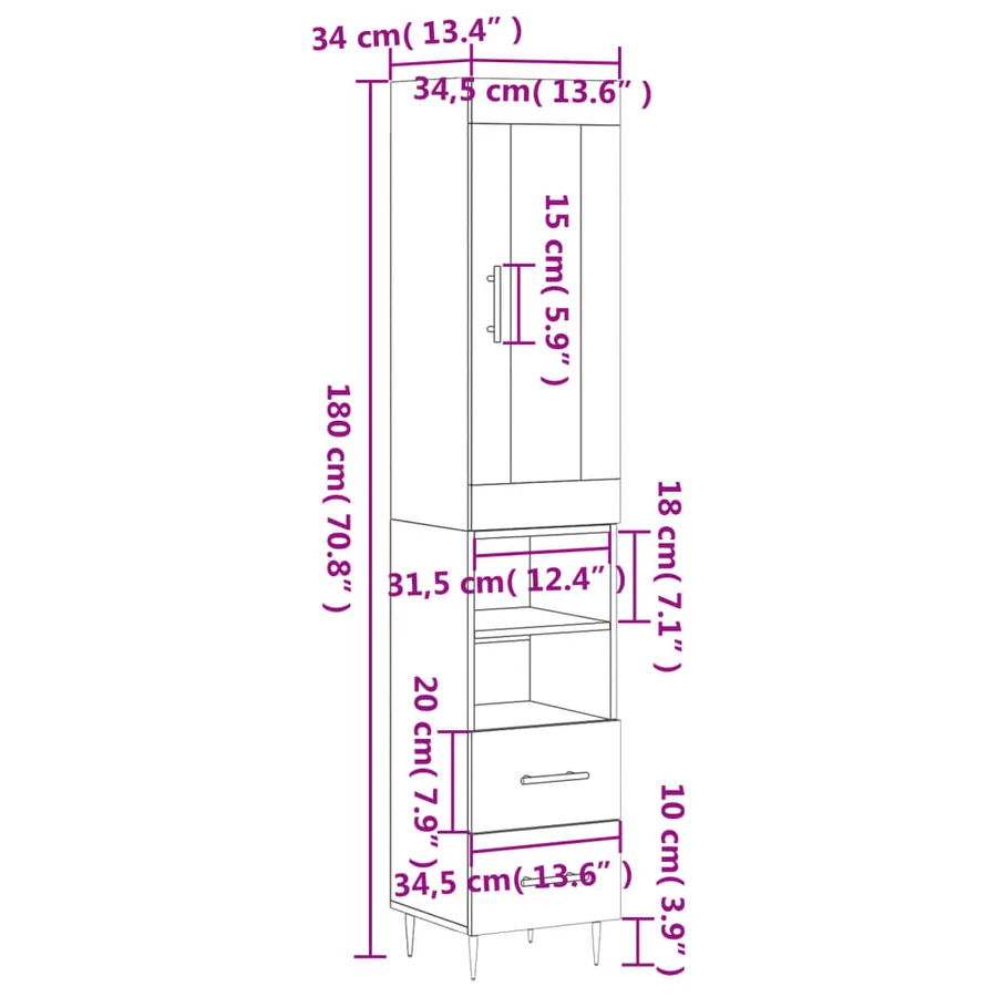 Buffet haut Blanc 34,5x34x180 cm Bois d'ingénierie - 14