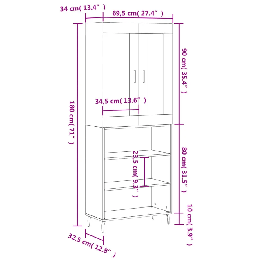 Buffet haut Sonoma gris 69,5x34x180 cm Bois d'ingénierie - 13