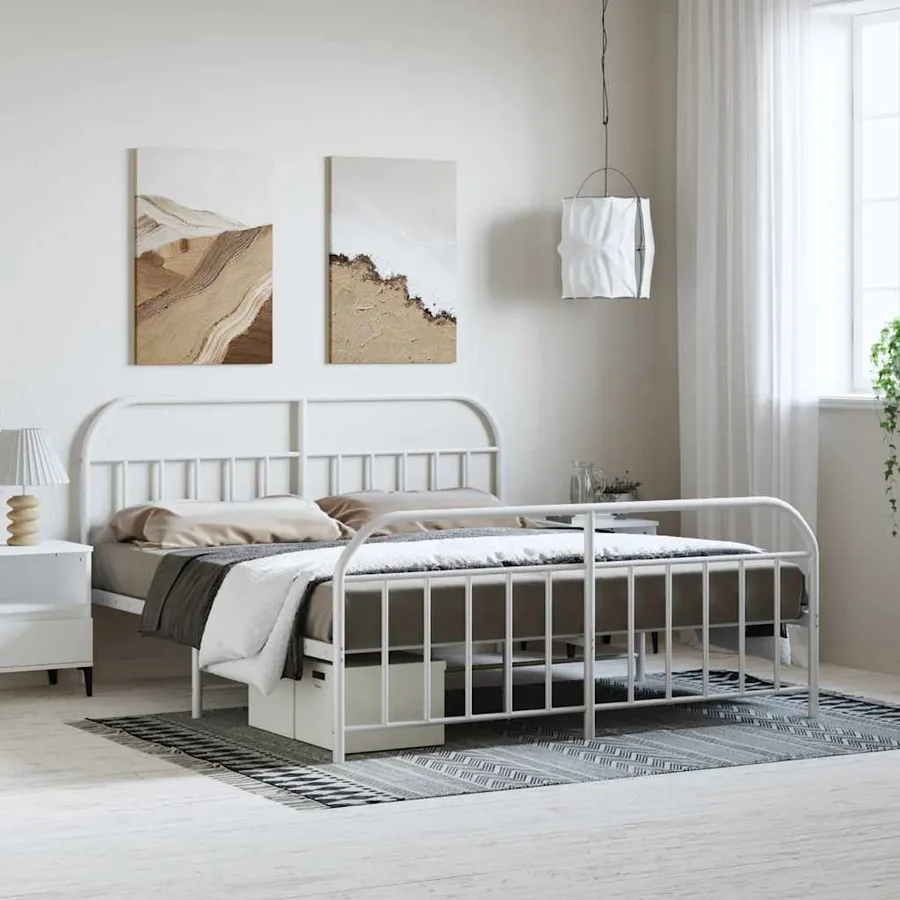 Cadre de lit métal sans matelas et pied de lit blanc 183x213 cm