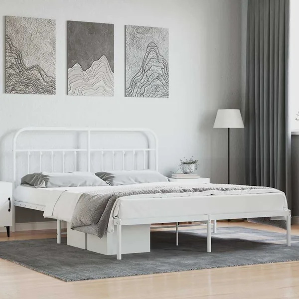 Cadre de lit métal sans matelas et tête de lit blanc 180x200 cm