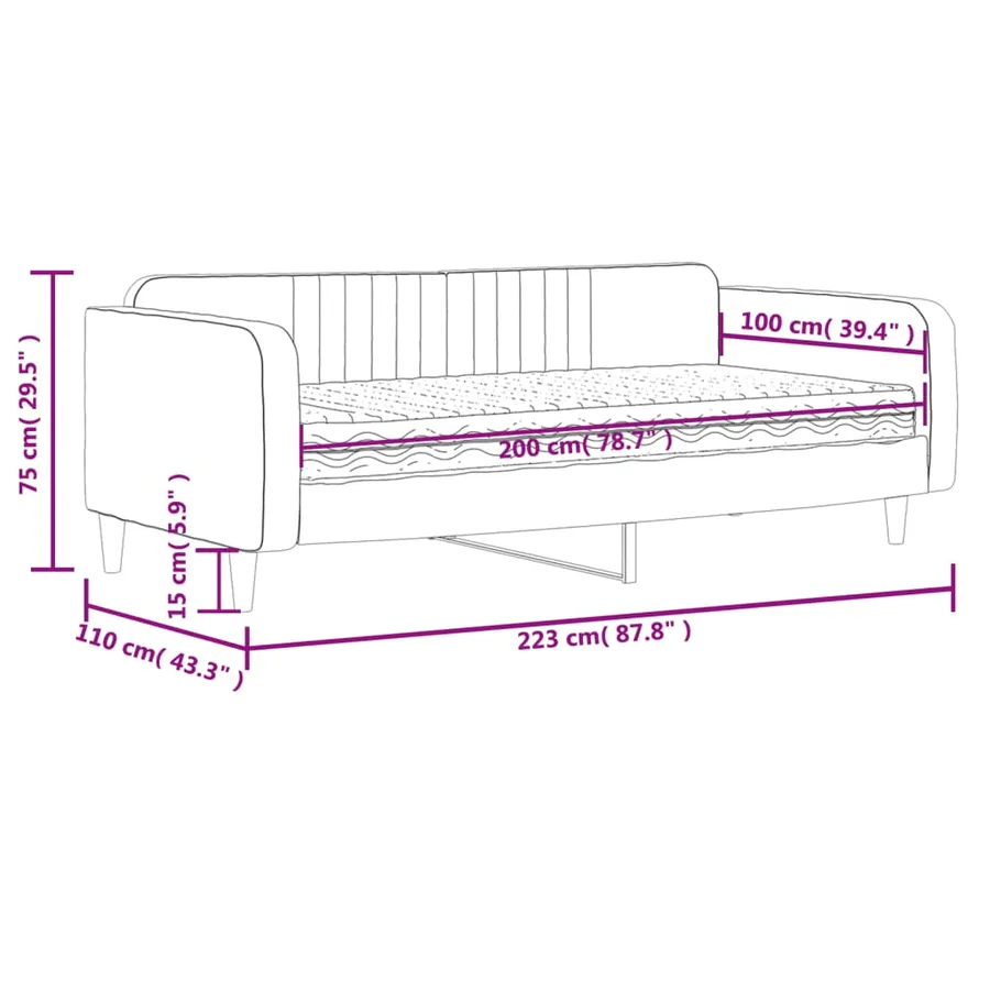 Lit de jour avec matelas gris clair 100x200 cm velours - 12